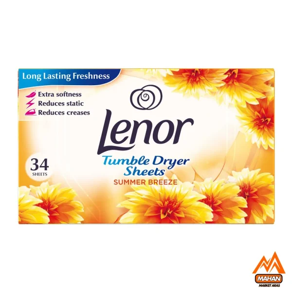ورقه خوشبوکننده لباس نسیم تابستانی لنور Lenor تعداد 34تایی، رایحه خنک نسیم تابستانی. ضد چروک و الکتریسیته ساکن، مناسب خشک‌کن با ماندگاری بالا!