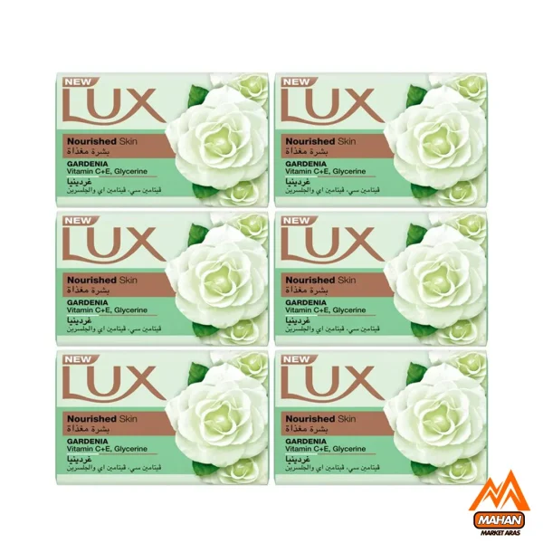 صابون لوکس Lux مدل Gardenia رایحه گل گاردنیا بسته 6 عددی 1020 گرم Lux Gardenia Vitamin C And E Glycerinr Soap Bar 6x170 1020gr