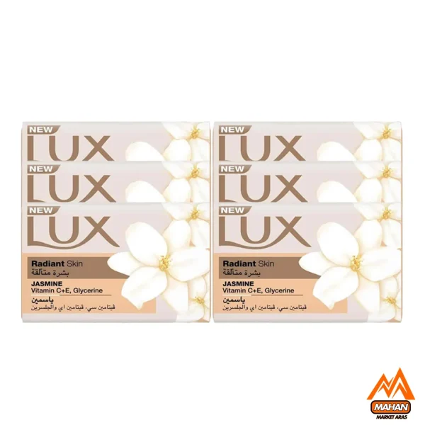صابون لوکس Lux مدل Radiant Skin Jasmine رایحه گل یاس بسته 6 عددی 1020 گرم Lux Radiant Skin Jasmine Vitamin C And E Glycerinr Soap Bar 6x170 1020gr