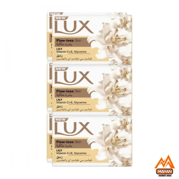 صابون لوکس Lux مدل Flaw Less Skin Lily رایحه زنبق بسته 6 عددی 1020 گرم Lux Flaw Less Skin Lily Vitamin C And E Glycerinr Soap Bar 6x170 1020gr