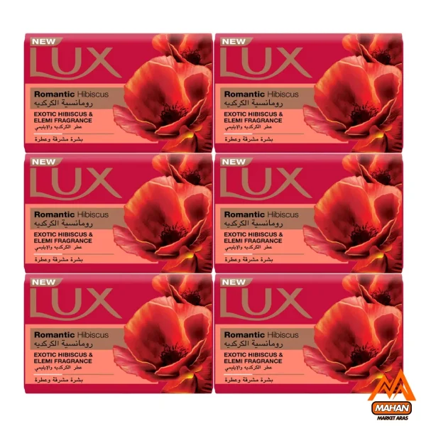 صابون لوکس Lux مدل Romantic Hibiscus رایحه گلهای لاله ای قرمز شقایق بسته 6 عددی 1020 گرم Lux Romantic Hibiscus with Exotic Hibiscus and Elemi Fragrance Soap Bar 6x170 1020gr