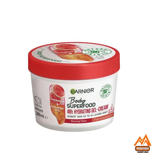 کرم بدن آبرسان و مرطوب کننده هندوانه و هیالورونیک اسید گارنیر Garnier مدل Superfood مناسب برای انواع پوست حجم 380 میل Garnier Body Superfood Watermelon & Hyaluronic Acid Body Cream 380ml