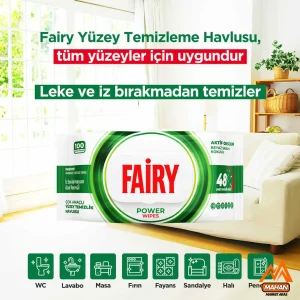دستمال مرطوب چند منظوره فیری fairy حاوی صابون سفید، سرکه سفید و جوش شیرین بسته 100 عددی