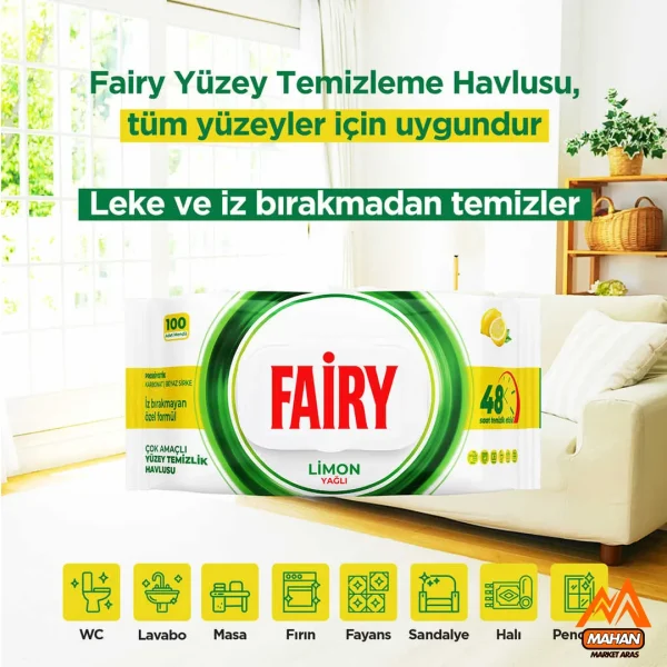 دستمال مرطوب چند منظوره فیری fairy با رایحه لیمو بسته 100 عددی - Image 3