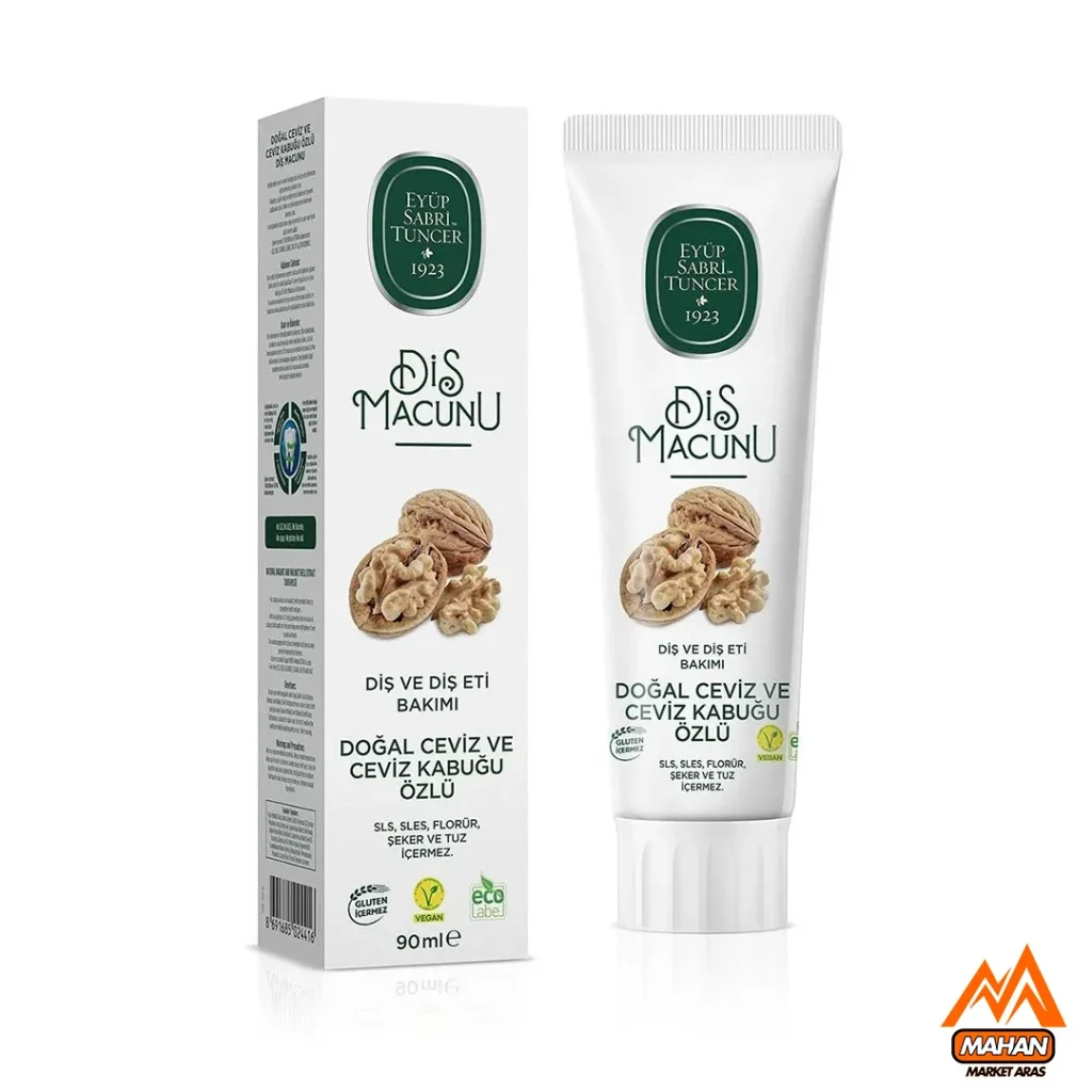 خمیر دندان بدون فلوراید ایوب صبری تونجر خمیر دندان عصاره گردو خمیر دندان طبیعی ۹۰ میل Eyup Sabri Tuncer toothpaste خمیر دندان بدون SLS مراقبت طبیعی دهان و دندان خمیر دندان ترکیه‌ای ماهان مارکت ارس خمیر دندان ضد پلاک عصاره طبیعی گردو خمیر دندان بدون پارابن خمیر دندان گیاهی ایوب صبری خمیر دندان وگان خمیر دندان ارگانیک