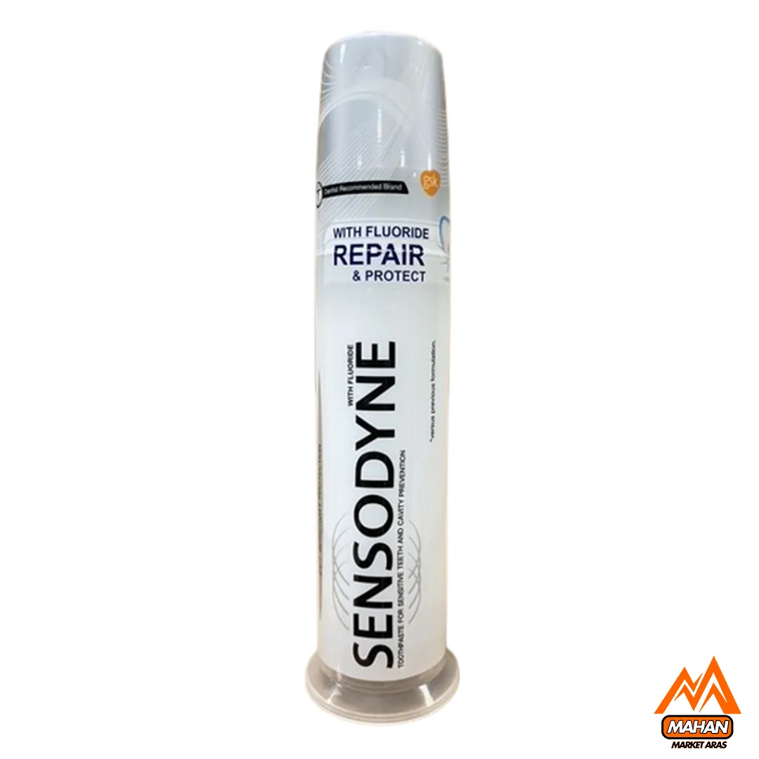 خمیردندان سنسوداین Fluoride Repair And Protect ، خمیردندان سنسوداین، Fluoride Repair And Protect، دندانهای حساس، خمیردندان پمپی، ترمیم مینای دندان، ضد حساسیت، فلوراید، پتاسیم نیترات، نوامین، حجم 100 میل ، خمیردندان ضد پوسیدگی، مراقبت از دندان، بهداشت دهان، سنسوداین اصل، خمیردندان ترمیمکننده، تسکین درد دندان، محافظت از لثه، محصول انگلستان، سلامت دهان، ضد پلاک