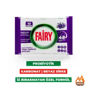 دستمال مرطوب چند منظوره تمیز کننده سطوح فیری FAIRY تعداد 10 برگی حاوی روغن اسطوخودوس ، سرکه سفید و جوش شیرین