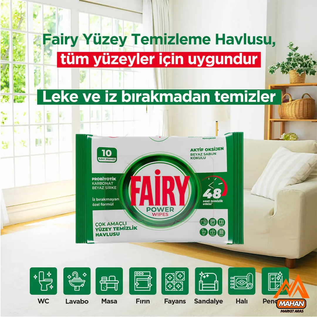 دستمال مرطوب چند منظوره تمیز کننده سطوح فیری FAIRY تعداد 10 برگی حاوی صابون سفید ، سرکه سفید و جوش شیرین - Image 4