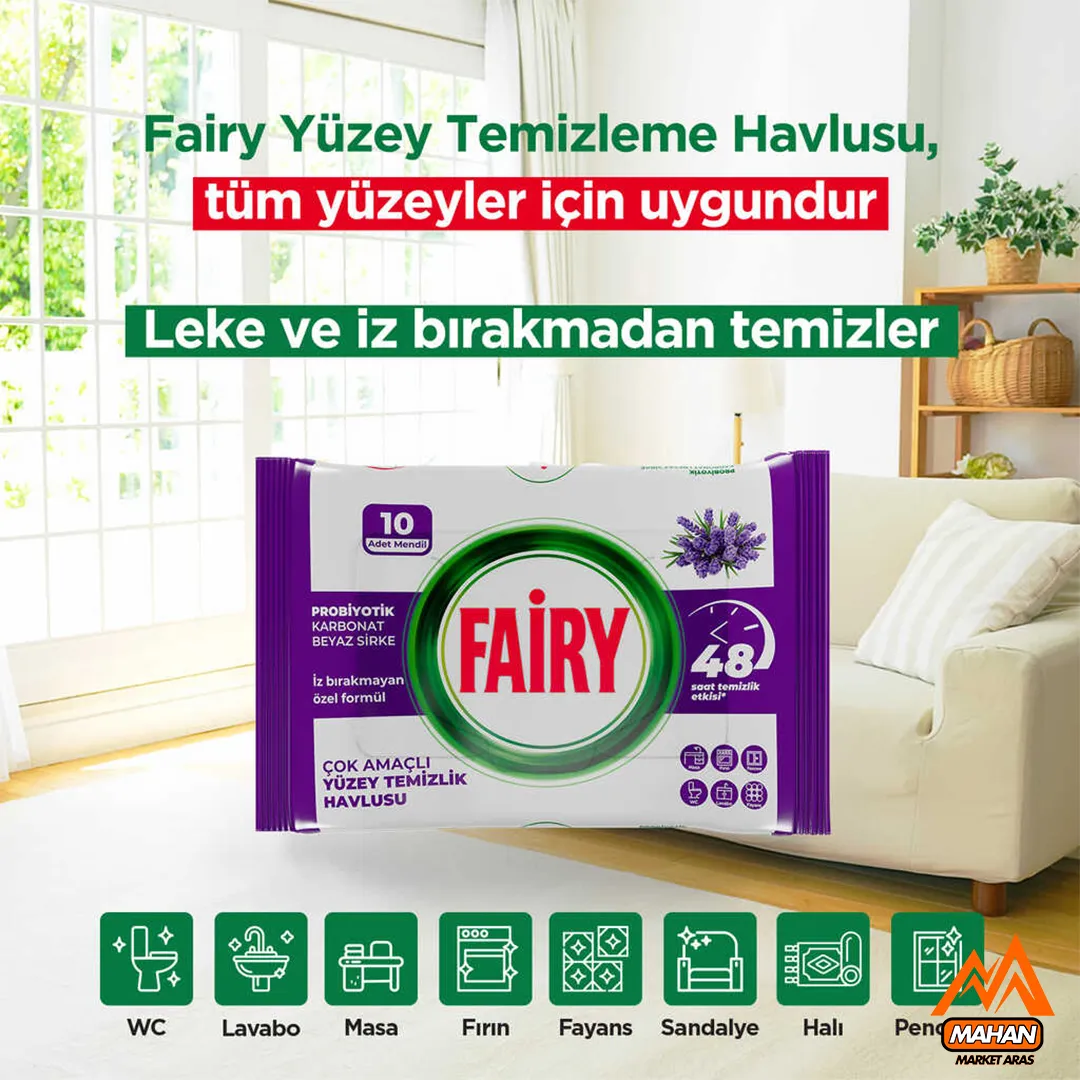 دستمال مرطوب چند منظوره تمیز کننده سطوح فیری FAIRY تعداد 10 برگی حاوی روغن اسطوخودوس ، سرکه سفید و جوش شیرین - Image 4