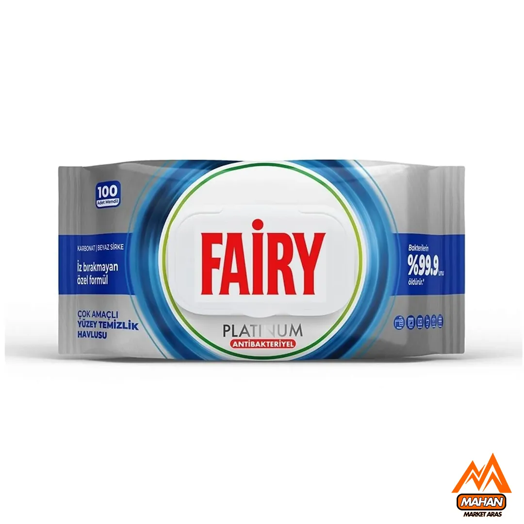 دستمال مرطوب تمیز کننده سطوح آنتی باکتریال فیری FAIRY پلاتینیوم حاوی سرکه سفید و جوش شیرین تعداد 100 عددی