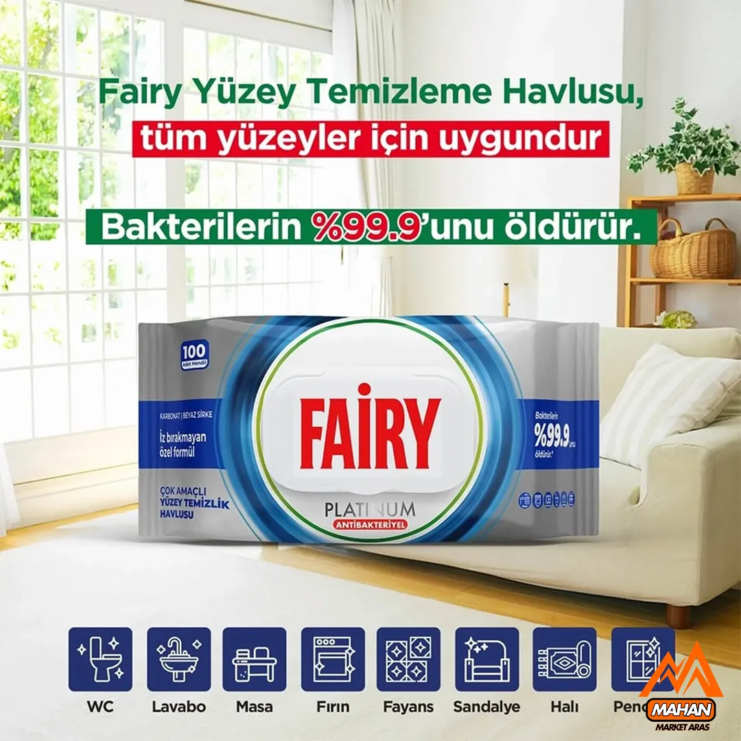 دستمال مرطوب تمیز کننده سطوح آنتی باکتریال فیری FAIRY پلاتینیوم حاوی سرکه سفید و جوش شیرین تعداد 100 عددی - Image 2